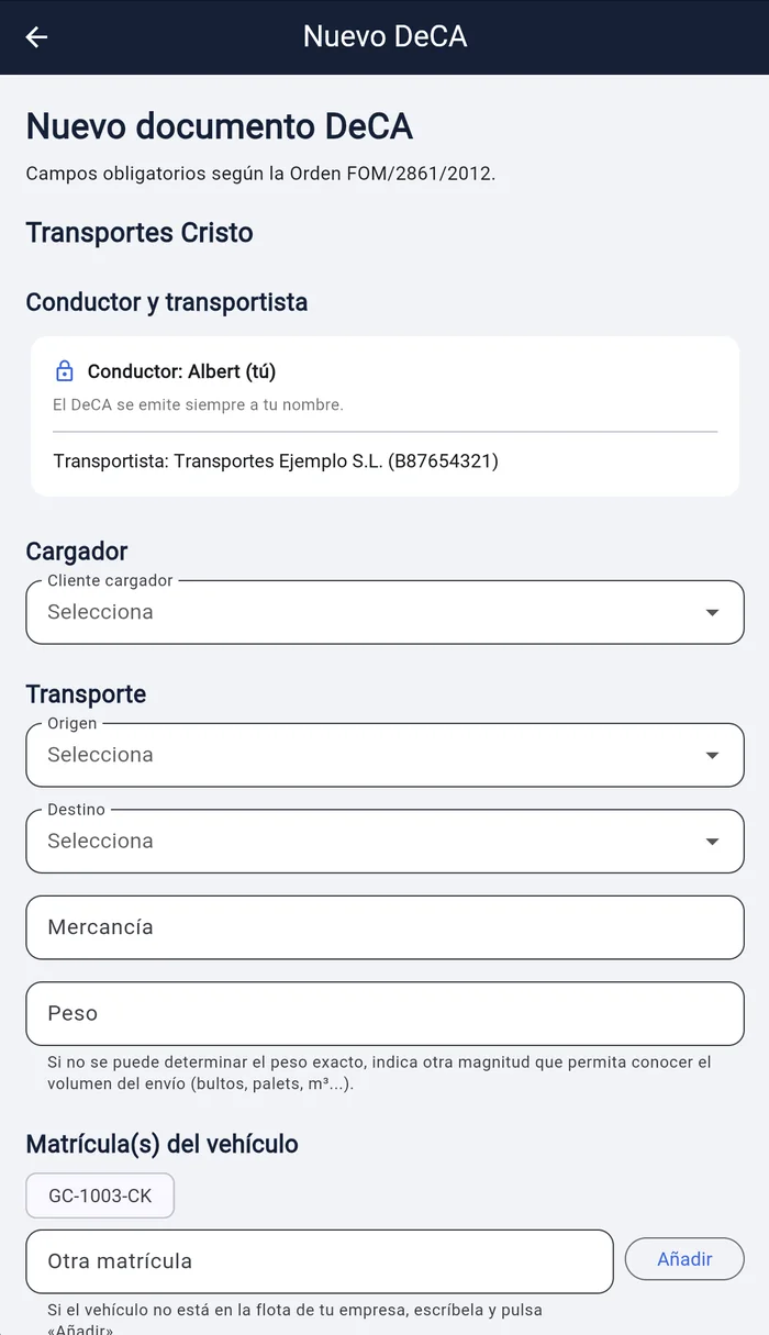 Formulario Nuevo DeCA en la app de conductores