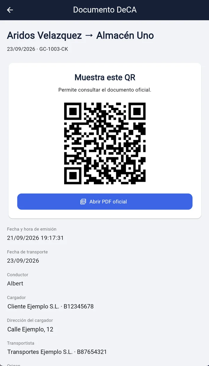 Documento DeCA con su código QR en la app de conductores