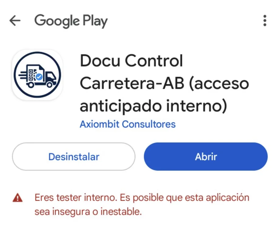 Ficha de la app Docu Control Carretera-AB en Google Play, con los botones Desinstalar y Abrir y el aviso de tester.