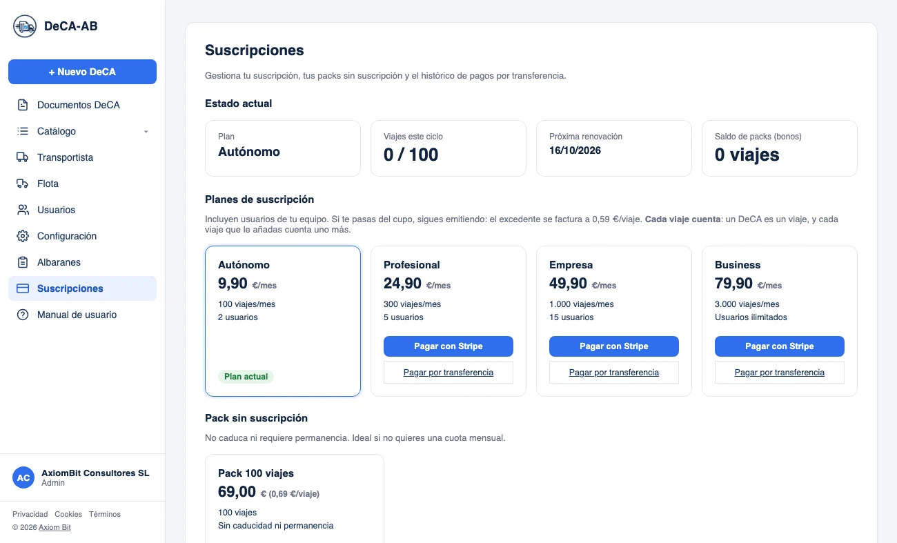 Pantalla de suscripciones con planes y cupo de viajes