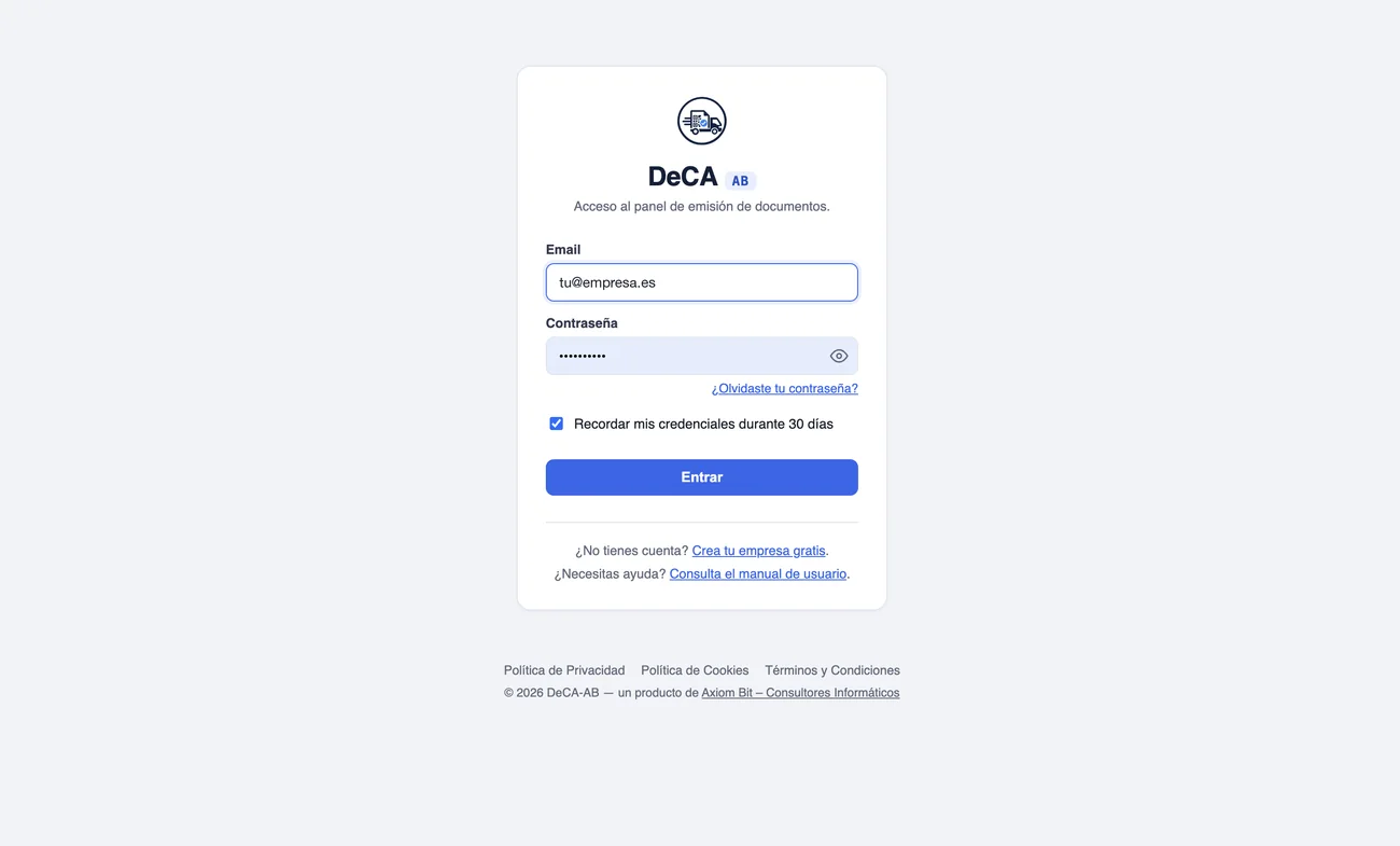 Pantalla de acceso al panel de DeCA-AB