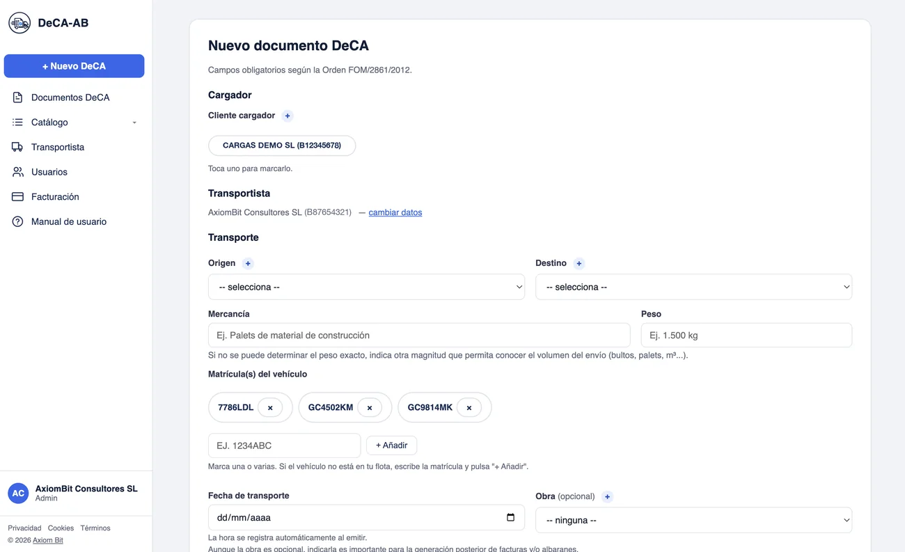 Formulario de nuevo DeCA en el panel
